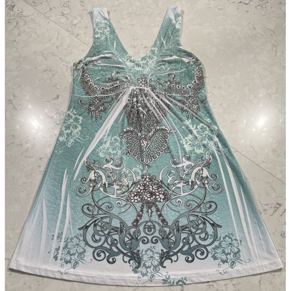 Vanity Y2K Rhinestone Dress Womens XL Turquoise Ombre Baroque Tattoo Print Mini